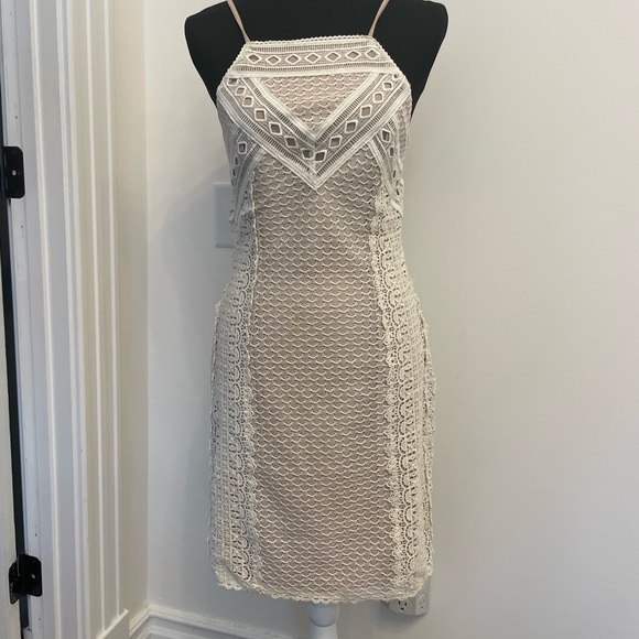 Greylin Off White Crochet Lace Nude Lined Cocktail Boho Mini Dress - Picture 2 of 10
